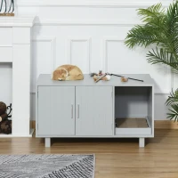 PawHut Wooden Cat Litter Box Enclosure & House, Kitty Hidden Washroom, with End Table Design, Scratcher, & Magnetic Doors, Gray(m-10)