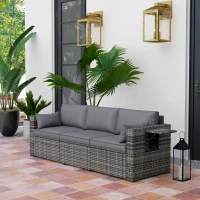Outsunny 3 Seater Wicker Sofa with Side Trays, Outdoor Patio Couch with 6" Thick Back Cushions, Deep Seating, Mixed Gray(m-2)
