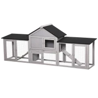 PawHut Large Rabbit Hutch Wood Bunny Cage Outdoor Guinea Pig House with Double Runs Slide Out Tray Ramps, 83"x18"x33", Grey(m-11)