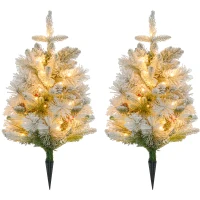 HOMCOM 2 Pieces 2ft Pre Lit Christmas Trees with 60 LED Lights, 172 Tips, Snow Sprayed Tree with Red Berries and Pinecones(m-11)