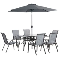 Outsunny 8 Pieces Patio Furniture Set with 9Ft Patio Umbrella, Outdoor Dining Table and Chairs, 6 Chairs, Push Button Tilt and Crank Parasol, Tempered Glass Top, Gray(m-11)