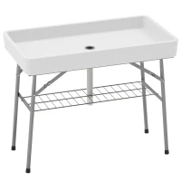 Outsunny 3.4ft Folding Ice Cooler Table with Drain, Fill and Chill Table Outdoor Table Cooler with Storage Shelf, Drink Cooler for Parties Picnic BBQ Camping Wedding, White(m-11)