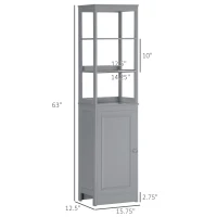 kleankin Tall Bathroom Storage Cabinet, Freestanding Linen Tower with 3-Tier Open Shelf and Door, Slim Floor Organizer, Grey(m-3)