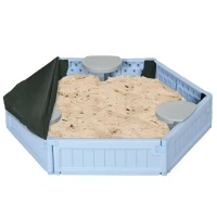 Outsunny Kids Sandbox with Cover, 3 Seats, Bottom Liner, for 3-12 Years Old, Light Blue(m-11)