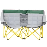 Outsunny Loveseat Style Camping Chair, Oversized Folding Lawn Chair with Carry Bag & Cup Holders, for Outdoor, Beach, Picnic, Hiking, Travel, Green & Gray(m-11)