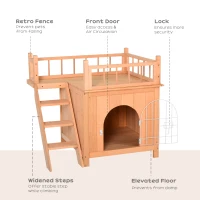 PawHut 2-Level Wooden Cat House, Outdoor Dog Shelter Cat Condo with Lockable Wire Door and Balcony, Natural Wood(m-6)