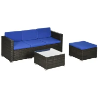 Outsunny 3 Pieces Patio Furniture Set with Cushions, Outdoor PE Rattan Wicker Conversation Corner Sofa Set with Glass Top Table and Adjustable Foot for Garden, Lawn, Blue(m-11)