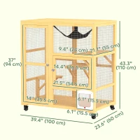 PawHut Cat Condo Wooden Indoor Cat House on Wheels with Cat Flap Door Platforms Hammock Openable Top for 2 Cats, Yellow(m-3)