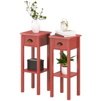 HOMCOM 2-Tier Side Tables Set of 2 with Drawer and Shelf, 2 Pieces End Tables for Living Room and Hallway, Red(m-1)