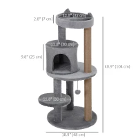 PawHut 41" Cat Tree Tower with Condo, Scratching Posts and Hanging Ball, Grey(m-3)