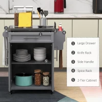 HOMCOM Kitchen Island on Wheels, Rolling Kitchen Cart with Stainless Steel Countertop, Drawer, Towel Rack and Spice Rack, Utility Storage Trolley, Gray(m-4)