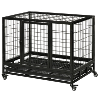 PawHut 36" Heavy Duty Dog Crate with Removable Tray, Lockable Wheels and Double Door, for Medium and Large Dogs, Black