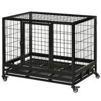 PawHut 36" Heavy Duty Dog Crate with Removable Tray, Lockable Wheels and Double Door, for Medium and Large Dogs, Black(m-1)