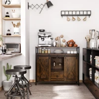 HOMCOM Industrial Sideboard Buffet Cabinet with Sliding Barn Doors, Coffee Bar Cabinet with Stemware Racks, Drawer and Adjustable Shelves for Kitchen, Rustic Brown(m-10)
