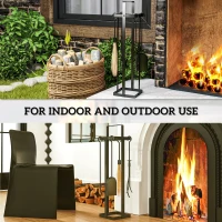 Outsunny 5 Piece Metal Fireplace Tools Set with Brush Broom, Poker, Shovel, Tongs, and Stand for Indoor or Outdoor, Black(m-6)