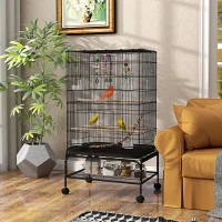 PawHut 43" Bird Cage with Rolling Stand, Toys, for Budgies Canaries Black(m-8)