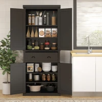 HOMCOM 72" Kitchen Pantry Cabinet, Freestanding Tall Storage Cabinet, Traditional Kitchen Cabinet with 4 Doors, Drawer and 3 Adjustable Shelves for Dining Room, Black(m-10)