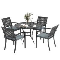 Outsunny 5-Piece Outdoor Dining Set with 4 Stackable Cushioned Armchairs, Patio Furniture Sets with Umbrella Hole Metal Plate Table, for Garden Deck Poolside Lawn Yard, Grey(m-11)