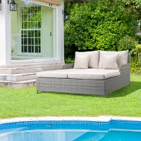 Outsunny Patio Rattan Double Lounge Daybed, Outdoor Wicker Armrests Chaise Lounge for 2-Person with Cushion & Pillow, Beige(m-8)