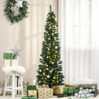 HOMCOM 6' Pre Lit Artificial Pencil Christmas Trees, Xmas Tree with Realistic Branches and Warm White LED Lights, Green(m-8)