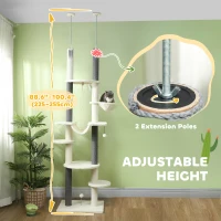 PawHut 89"- 100" Floor to Ceiling Cat Tree with Scratching Posts, Hammock, Perches & Toy Balls, White(m-4)