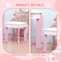 Qaba Kids Vanity Table & Chair Set Girls Dressing Set with Mirror Drawer Cute Patterns for 3-6 Years Old, Pink(m-6)