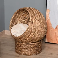 PawHut Handwoven Elevated Cat Bed with Soft Cushion & Egg Chair Shape, Basket Bed Kitty House with Stand, Raised Wicker House for Indoor Cats, 23.5" H, Light Brown(m-10)