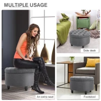 HOMCOM Round Linen-touch Fabric Storage Footstool Ottoman Button Tufted Footrest with Removable Lid, Grey(m-6)