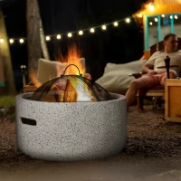 Outsunny 18" Round Outdoor Fire Pit Firepit Fireplace Wood-burning with Spark Screen Poker for Backyard Camping Bonfire, Grey(m-8)
