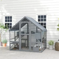 PawHut Wooden Catio Outdoor Cat Enclosure with Waterproof Cover, 2 Condos, 4 Platforms, Bridge, Doors, Gray(m-2)