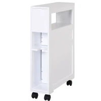HOMCOM 6.25" x 20.5" x 28.25" Wood Rolling Narrow Bathroom Side Storage Cabinet - White(m-1)