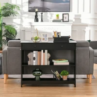 HOMCOM Console Hallway Table with Extra Wide Pull Out Drawer, 2 Open Shelves and Slatted Wood Frame Design, Black(m-7)