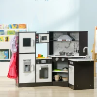 Qaba Play Kitchen Set for Kids w/ Apron and Chef Hat, Ice Maker Brown(m-2)