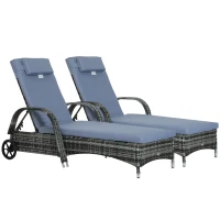 Outsunny Wicker Chaise Lounger 2 PC with Cushion Pillow Headrest Armrests and Wheels for Garden and Pool Gray(m-11)