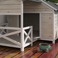 PawHut Wooden Dog House Outdoor with Porch, Raised Pet Kennel for Medium Large Dogs, with Asphalt Roof, Front Door, Side Windows, Gray(m-9)