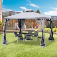 Outsunny 10' x 10' Patio Gazebo Outdoor Pavilion 2 Tire Roof Canopy Shelter Garden Event Party Tent Yard Sun Shade Steel Frame w/ Mosquito Netting Grey(m-8)