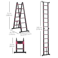 HOMCOM 12ft Aluminium Telescopic Extension Ladder, Heavy Duty Extendable Telescoping Ladder with Locking Mechanism, Non-slip Feet 330 Pound Capacity, EN131 Standard, Black(m-3)
