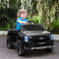 Qaba Ford Ranger Licensed Kids Ride on Car 12V Battery Power Car with Remote Control, Spring Suspension Toy Storage, Black(m-10)