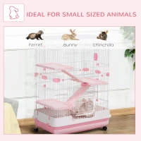 PawHut 32"L 4-Level Small Animal Cage with Universal Lockable Wheels, Slide-out Tray for Bunny, Chinchillas, Ferret, Pink(m-6)