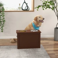 PawHut Raised Bowl Dog Feeder with 2 Steel Bowls and Storage, Brown(m-10)