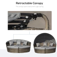 Outsunny 4-Piece Round Convertible Daybed with Cushions, Outdoor PE Rattan Patio Wicker Sofa Set, Sunbed with Adjustable Sun Canopy, Sectional Sofa, 2 Chairs, Table, 3 Pillows, Dark Gray(m-6)