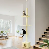 PawHut Floor to Ceiling Cat Tree with Scratching Post for Indoor Cats, Adjustable Height Cat Tower (91-102 Inches) with House, Bed, Beige(m-8)