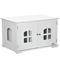 PawHut Cat Litter Box Enclosure Hidden Cat Furniture Cabinet Indoor Cat Washroom Double-door Nightstand End Table with Cat Hole Window White(m-2)