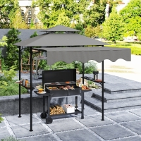 Outsunny 8' x 7.6' Grill Gazebo, Double Tiered Barbecue Grill Gazebo Shelter w/ Side Awning, 2 Side Shelves, 6 Hooks, Light Grey