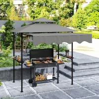 Outsunny 8' x 5' Grill Gazebo, Double Tiered Barbecue Grill Gazebo Shelter with Side Awning, 2 Side Shelves, 6 Hooks, Light Grey(m-1)