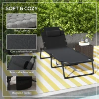 Outsunny Outdoor Folding Chaise Lounge Chair with 4-Position Adjustable Backrest, Magazine Pocket, Removable Head Pillow, Gray(m-6)