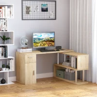 HOMCOM Rotating Computer Desk, 55" L-Shaped Desk, Corner Desk with Storage Shelves, Cabinet and Drawer for Home Office, Natural(m-10)