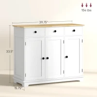 HOMCOM Kitchen Storage Cabinet, Sideboard Floor Cupboard with Solid Wood Top, Adjustable Shelf, and 3 Drawers, White(m-3)