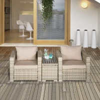 Outsunny 3 Piece Patio Furniture Set, PE Rattan Small Wicker Balcony Furniture, Table & Chairs with Cushions Composite Table, Conversation Set for Apartment, Gray(m-10)