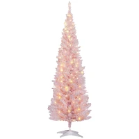 HOMCOM 6ft Pencil Christmas Tree, Slim Artificial Christmas Tree with Realistic Branches and Warm White LED Lights, Pink(m-1)